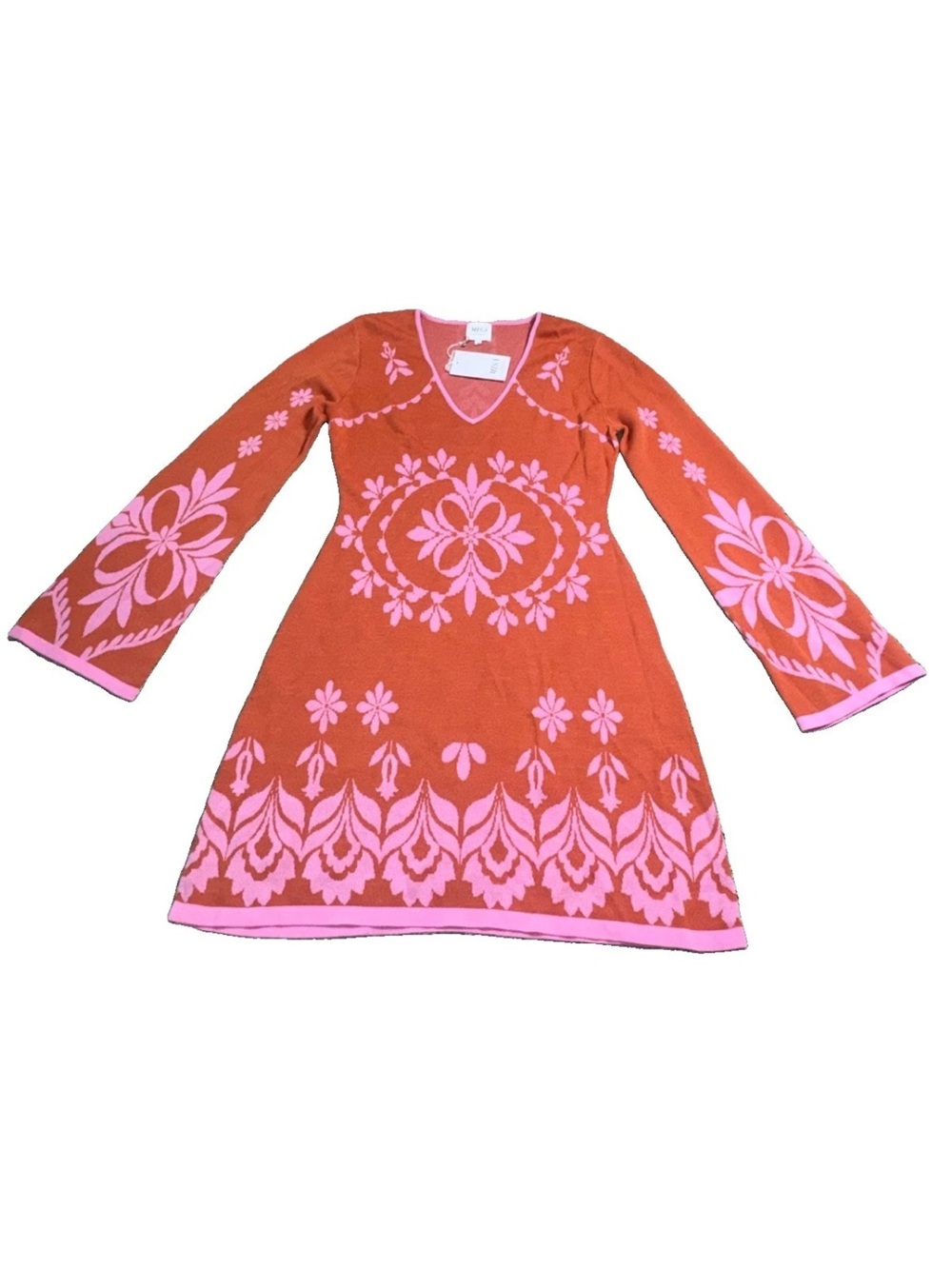 MISA Los Angeles Sahar Dress M NWT Pink Flora Santiago Knit Bell Sleeve $412